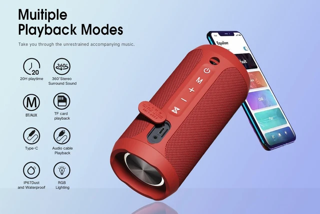 Alt view image 4 of 7 - Bluetooth Speaker IPX7 Waterproof Wireless, Red Bass, 20H Playtime, TWS Stereo Pairing, Portable Outdoor