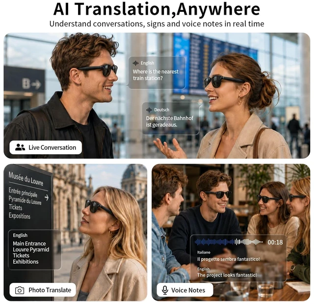 Alt view image 4 of 7 - AI Smart Glasses with 8MP Camera 4K Video Recording Anti-Shake Open Ear Bluetooth Glasses for Men Women, AI Voice Control Translation, Outdoor Sports Cycling Travel