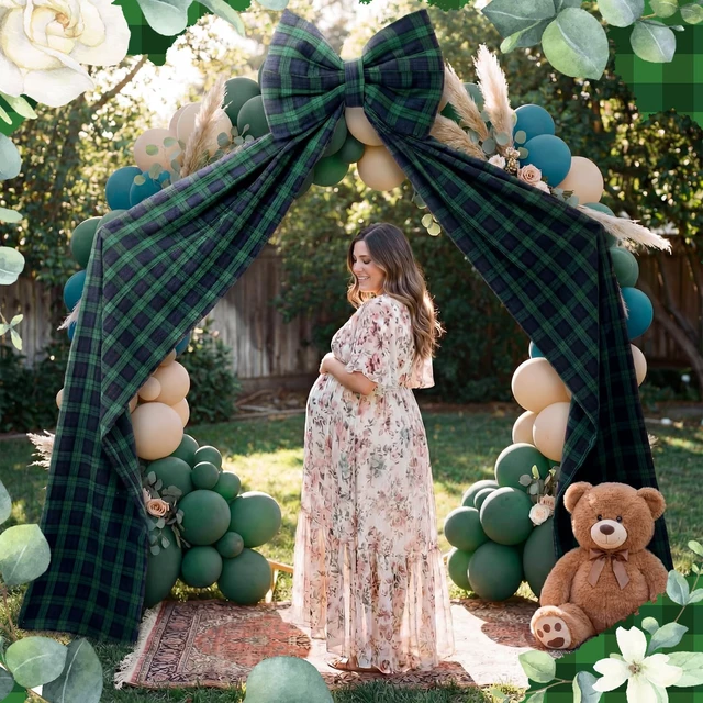 Alt view image 4 of 6 - Giant Tartan Plaid Bow Decor Blue Green OversizedBows Decoration Tartan Plaid Giant Bow for Room Wall Backdrop 75x18 Inch Ribbon Tie for Baby Shower Gender Revealed Wedding Birthday