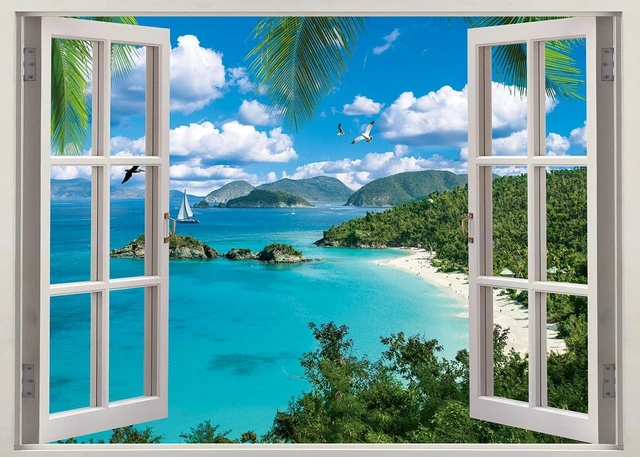 Main image of Summer Beach Window Backdrop Hawaiian Ocean Tropical Island Blue Sky Clouds Scenic Photography Background Luau Party Banner Living Room Bedroom Photo Booth Props (10x8FT)