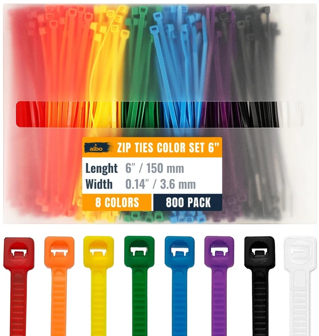 Main image of 800 Pcs. Multicolor Zip Ties, 6 Inch, 40 lb Tensile Strength 8 Colors for Cable Identification and Crafts; UV-Resistant Nylon Cable Ties with Self-Locking Heads, 0.14 Inch Wide