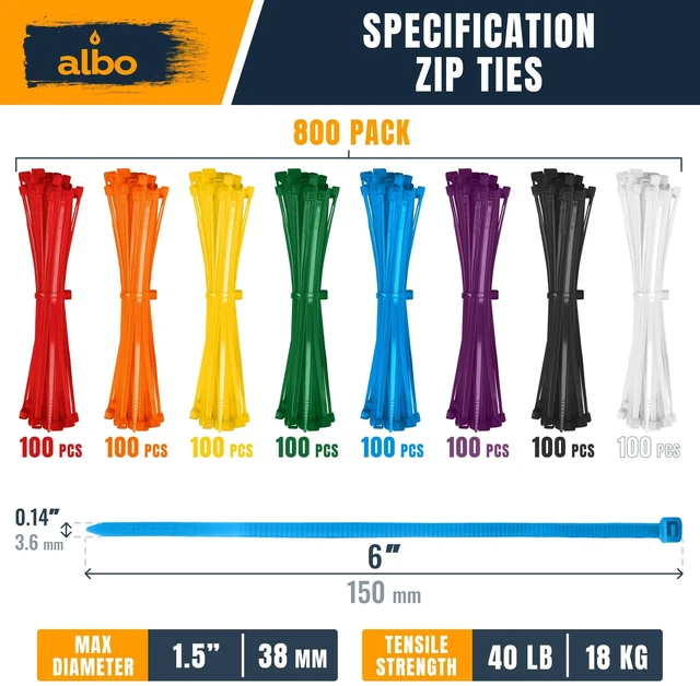 Alt view image 2 of 7 - 800 Pcs. Multicolor Zip Ties, 6 Inch, 40 lb Tensile Strength 8 Colors for Cable Identification and Crafts; UV-Resistant Nylon Cable Ties with Self-Locking Heads, 0.14 Inch Wide