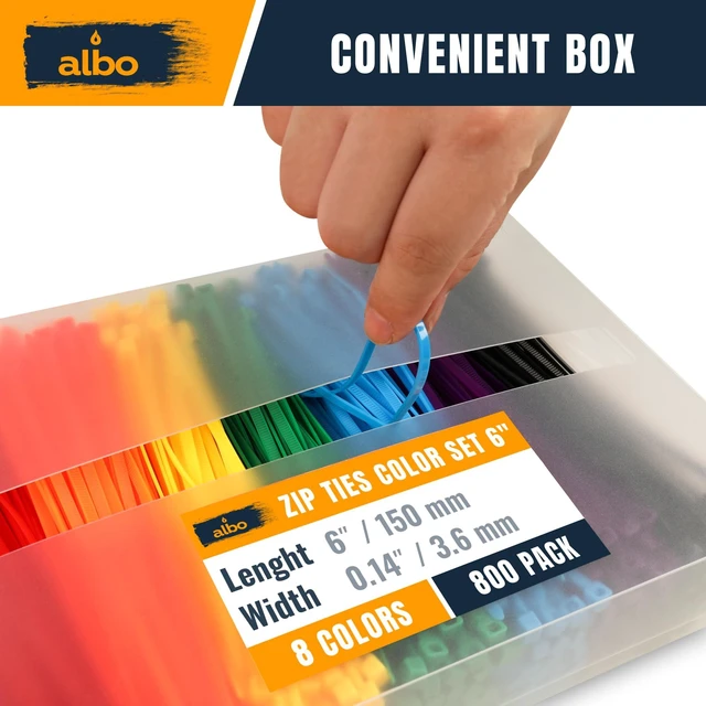 Alt view image 5 of 7 - 800 Pcs. Multicolor Zip Ties, 6 Inch, 40 lb Tensile Strength 8 Colors for Cable Identification and Crafts; UV-Resistant Nylon Cable Ties with Self-Locking Heads, 0.14 Inch Wide