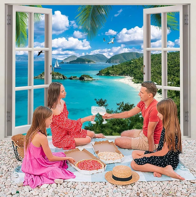 Alt view image 5 of 7 - Summer Beach Window Backdrop Hawaiian Ocean Tropical Island Blue Sky Clouds Scenic Photography Background Luau Party Banner Living Room Bedroom Photo Booth Props (10x8FT)