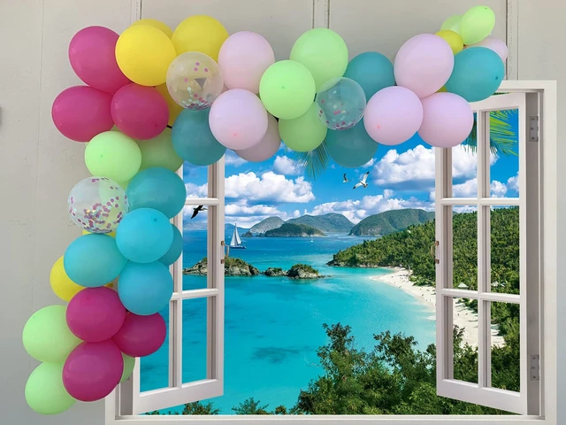 Alt view image 3 of 7 - Summer Beach Window Backdrop Hawaiian Ocean Tropical Island Blue Sky Clouds Scenic Photography Background Luau Party Banner Living Room Bedroom Photo Booth Props (10x8FT)