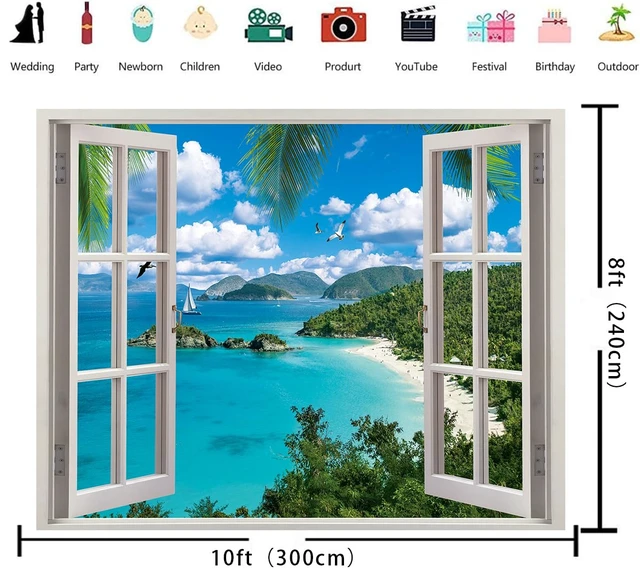 Alt view image 6 of 7 - Summer Beach Window Backdrop Hawaiian Ocean Tropical Island Blue Sky Clouds Scenic Photography Background Luau Party Banner Living Room Bedroom Photo Booth Props (10x8FT)