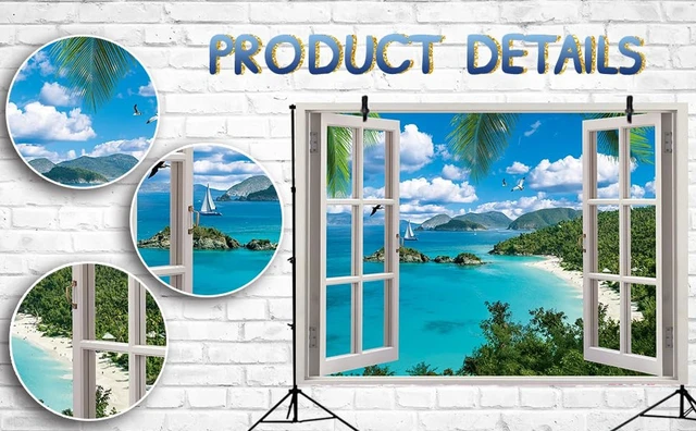 Alt view image 7 of 7 - Summer Beach Window Backdrop Hawaiian Ocean Tropical Island Blue Sky Clouds Scenic Photography Background Luau Party Banner Living Room Bedroom Photo Booth Props (10x8FT)