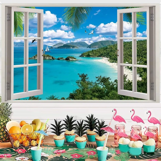 Alt view image 4 of 7 - Summer Beach Window Backdrop Hawaiian Ocean Tropical Island Blue Sky Clouds Scenic Photography Background Luau Party Banner Living Room Bedroom Photo Booth Props (10x8FT)