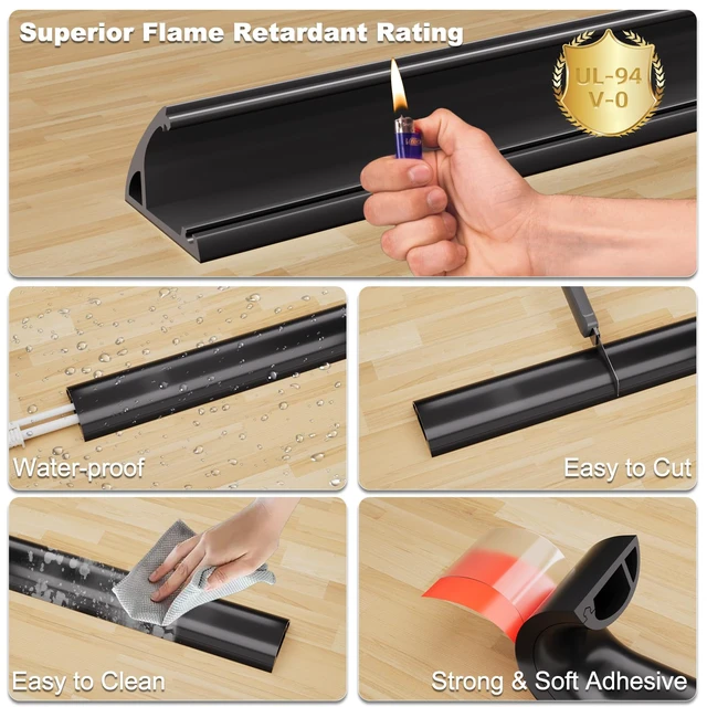 Alt view image 4 of 7 - 6FT Side-Open Extension Cord Covers for Wires on Floor,Silicone Power Cable Protector Cord Hider Management Strip,Hide Electric Wire on Carpet,Chord Runner Protective Safety,Black