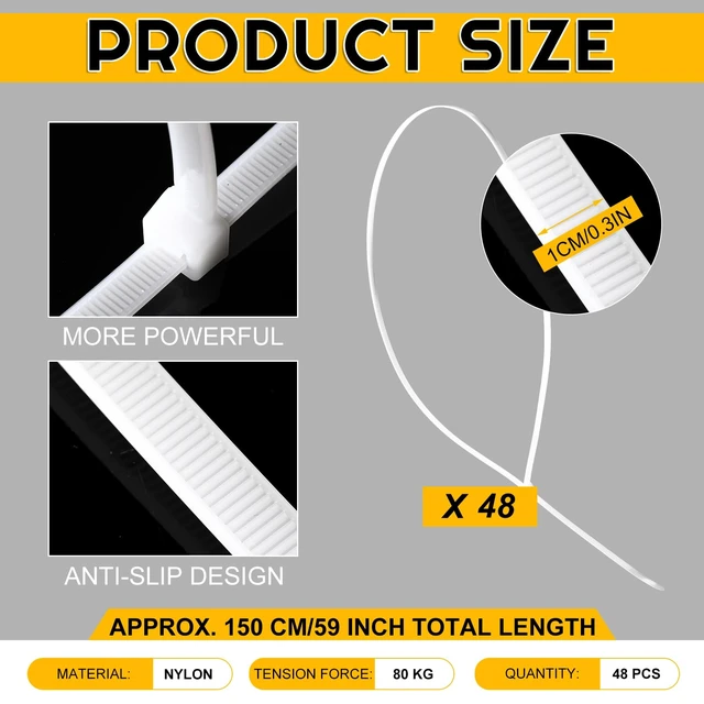 Alt view image 2 of 6 - 48 Pcs 60 Inch Large Zip Ties Heavy Duty Outdoor Extra Large Zip Ties Extra Long Cable Wire Plastic Ties with 176 Pounds Tensile Strength Self Locking UV Resistant (White)