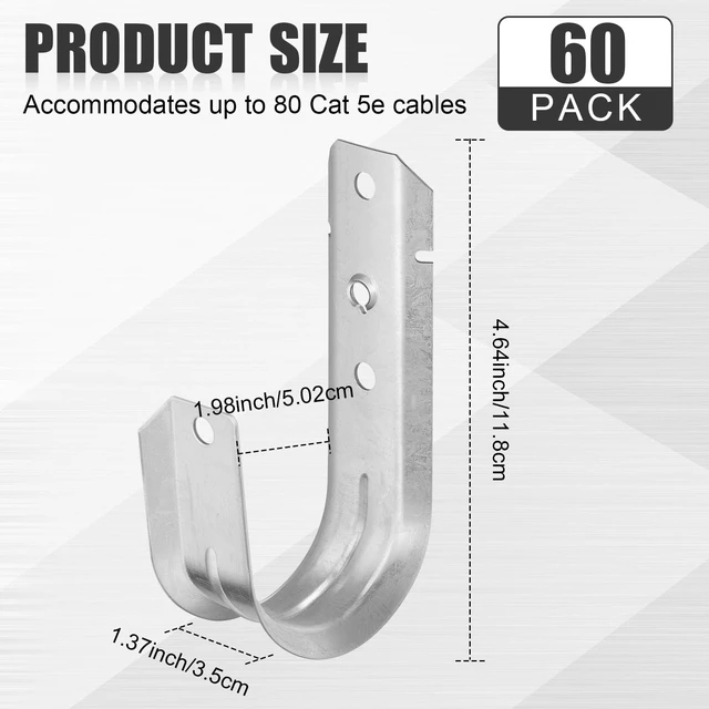 Alt view image 2 of 7 - 60 Pcs 2 Inch Cable Support Galvanized Steel J Hooks for Hanging Heavy Duty Silver J Hook with Screw Holes, Wall Mount for Vertical Surfaces, Efficient Cable Organization Solution