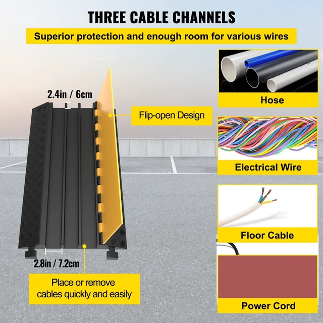 Alt view image 3 of 7 - 3-Channel Rubber Cable Protector Ramps Heavy Duty 44000Lbs Load Capacity Cable Wire Floor Cord Cover Ramp Speed Bump Driveway Hose Cable Ramp Protective Cover