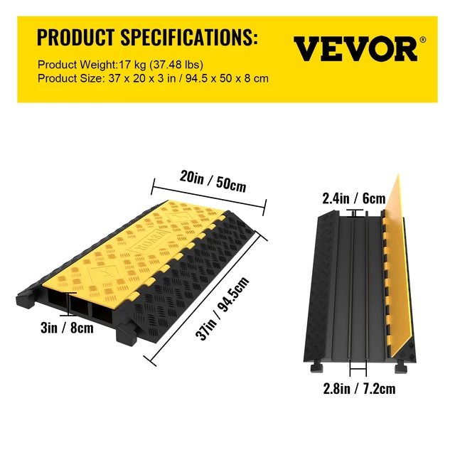 Alt view image 7 of 7 - 3-Channel Rubber Cable Protector Ramps Heavy Duty 44000Lbs Load Capacity Cable Wire Floor Cord Cover Ramp Speed Bump Driveway Hose Cable Ramp Protective Cover