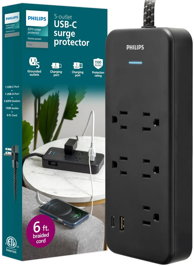 Main image of Surge Protector Power Strip USB Ports, 6 Ft Braided Extension Cord 1500 Joules, 5 Outlet Extender (Wide Spaced), 1 USB-A, 1 USB-C, Flat Plug, Wall Mount, Black