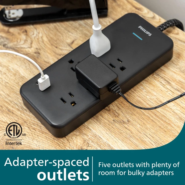 Alt view image 3 of 6 - Surge Protector Power Strip USB Ports, 6 Ft Braided Extension Cord 1500 Joules, 5 Outlet Extender (Wide Spaced), 1 USB-A, 1 USB-C, Flat Plug, Wall Mount, Black