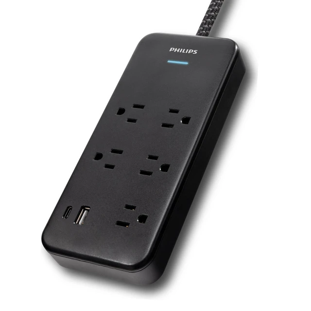 Alt view image 2 of 6 - Surge Protector Power Strip USB Ports, 6 Ft Braided Extension Cord 1500 Joules, 5 Outlet Extender (Wide Spaced), 1 USB-A, 1 USB-C, Flat Plug, Wall Mount, Black