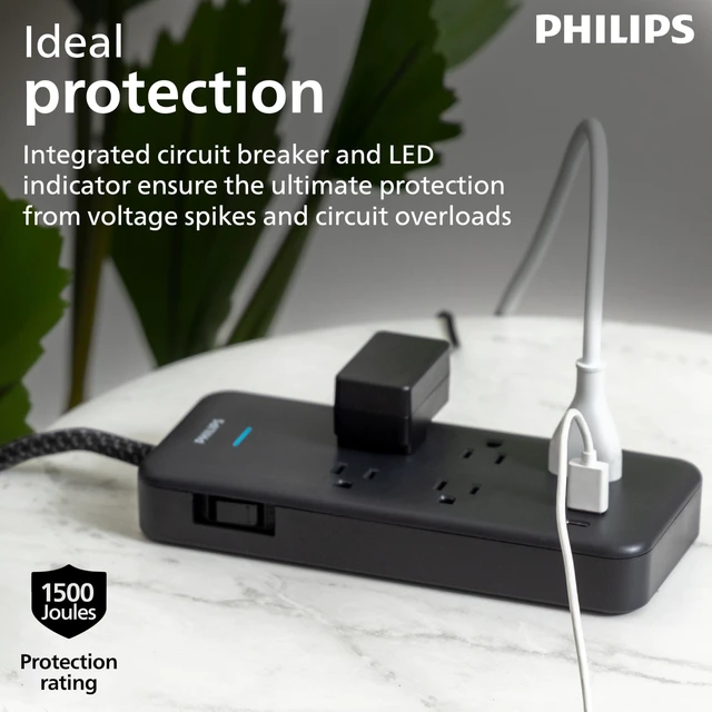 Alt view image 4 of 6 - Surge Protector Power Strip USB Ports, 6 Ft Braided Extension Cord 1500 Joules, 5 Outlet Extender (Wide Spaced), 1 USB-A, 1 USB-C, Flat Plug, Wall Mount, Black