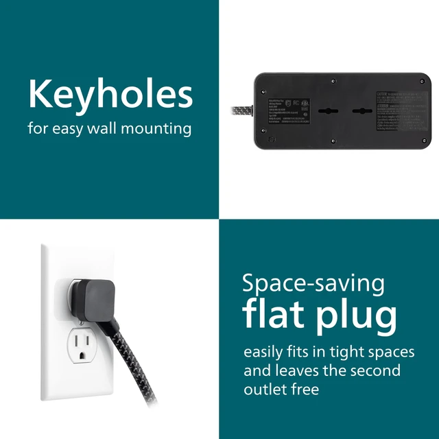Alt view image 6 of 6 - Surge Protector Power Strip USB Ports, 6 Ft Braided Extension Cord 1500 Joules, 5 Outlet Extender (Wide Spaced), 1 USB-A, 1 USB-C, Flat Plug, Wall Mount, Black