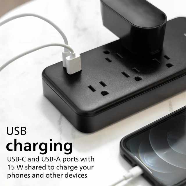 Alt view image 5 of 6 - Surge Protector Power Strip USB Ports, 6 Ft Braided Extension Cord 1500 Joules, 5 Outlet Extender (Wide Spaced), 1 USB-A, 1 USB-C, Flat Plug, Wall Mount, Black