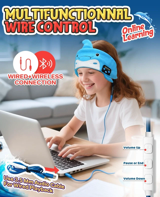 Alt view image 3 of 7 - Kids Headphones Headband Bluetooth-Toddler Wireless & Wired Headphones Headband - Comfortable Fit - Safe Volume Limited - Adjustable for Travel, Learning, Sleep and Entertainment