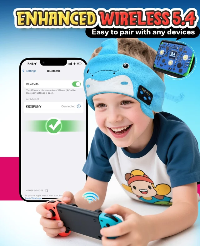 Alt view image 4 of 7 - Kids Headphones Headband Bluetooth-Toddler Wireless & Wired Headphones Headband - Comfortable Fit - Safe Volume Limited - Adjustable for Travel, Learning, Sleep and Entertainment