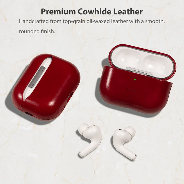 Alt view image 3 of 7 - Handcrafted Oil-Waxed Leather Case for AirPods Pro 3 Crimson Red Genuine Cowhide, Glossy Look, lively Character, Silky-Smooth Touch, Rich Patina, Compatible with MagSafe, Daily Carry Cover