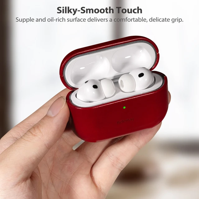 Alt view image 5 of 7 - Handcrafted Oil-Waxed Leather Case for AirPods Pro 3 Crimson Red Genuine Cowhide, Glossy Look, lively Character, Silky-Smooth Touch, Rich Patina, Compatible with MagSafe, Daily Carry Cover