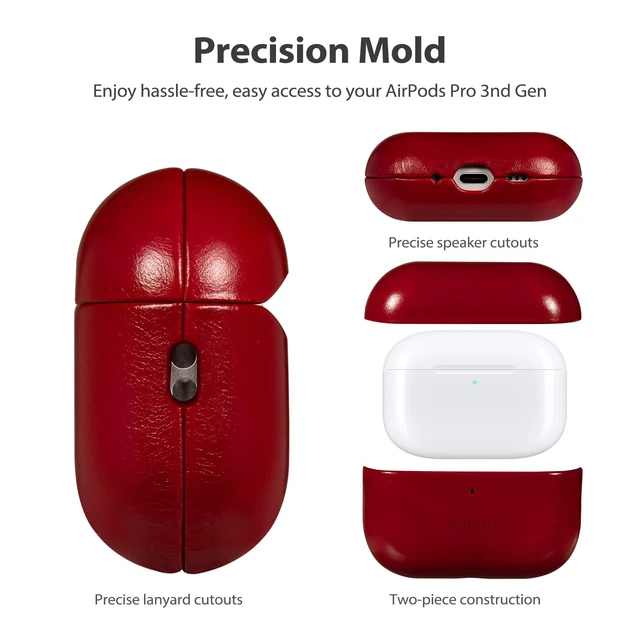 Alt view image 7 of 7 - Handcrafted Oil-Waxed Leather Case for AirPods Pro 3 Crimson Red Genuine Cowhide, Glossy Look, lively Character, Silky-Smooth Touch, Rich Patina, Compatible with MagSafe, Daily Carry Cover