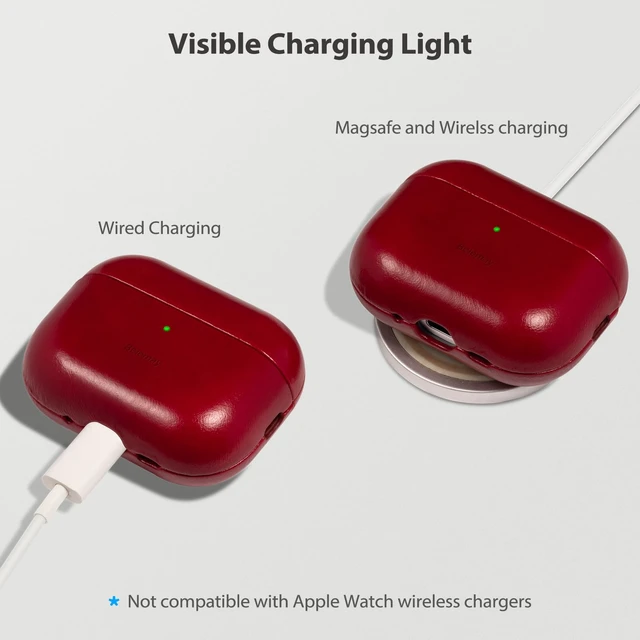 Alt view image 6 of 7 - Handcrafted Oil-Waxed Leather Case for AirPods Pro 3 Crimson Red Genuine Cowhide, Glossy Look, lively Character, Silky-Smooth Touch, Rich Patina, Compatible with MagSafe, Daily Carry Cover