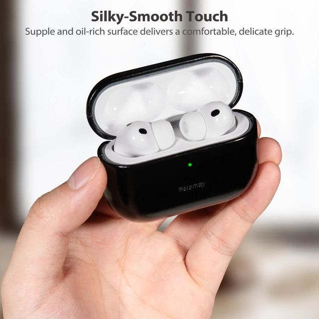 Alt view image 5 of 7 - Handcrafted Oil-Waxed Leather Case for AirPods Pro 3 Obsidian Black Genuine Cowhide, Glossy Look, lively Character, Silky-Smooth Touch, Rich Patina, Compatible with MagSafe, Daily Carry Cover