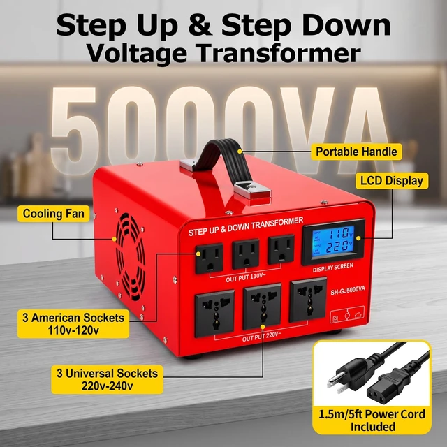 Alt view image 2 of 6 - 5000W 110v to 220v Converter Step Up/Down Voltage Transformer 240v 120v Heavy Duty Power Conversion Toroidal Transformer 6 Output Sockets Hard Wired Circuit Breaker Protection LCD Display