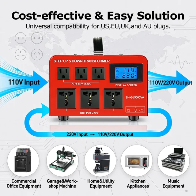 Alt view image 3 of 6 - 5000W 110v to 220v Converter Step Up/Down Voltage Transformer 240v 120v Heavy Duty Power Conversion Toroidal Transformer 6 Output Sockets Hard Wired Circuit Breaker Protection LCD Display