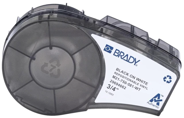 Main image of Authentic (M21-750-581-WT) Repositionable Vinyl Labels for Equipment, Facility ID, Floor Marking, Lab, Lean/5S, Pipe/Valve, Black on White-Designed for M210, M210-LAB, M211 Printers, 0.75"Wx21'L