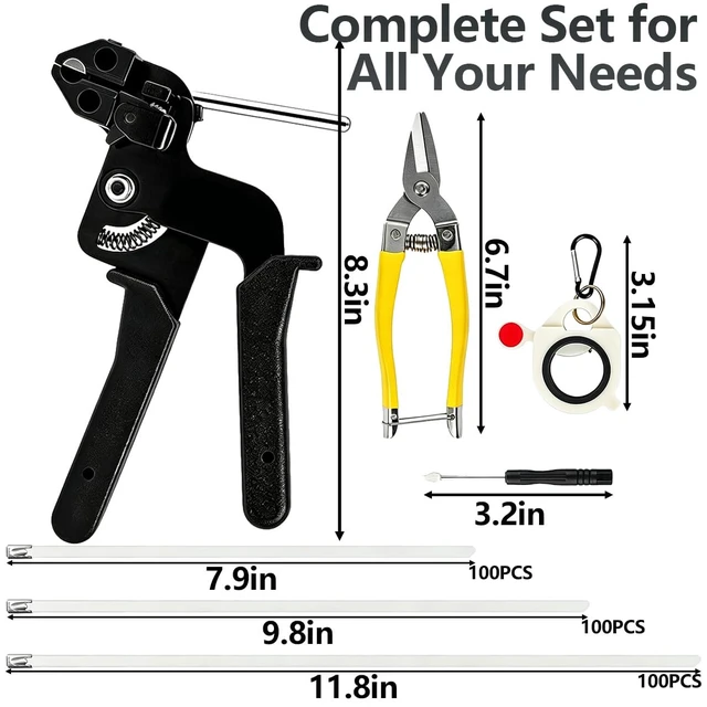 Alt view image 4 of 7 - Stainless Steel Cable Tie Gun Kit,Metal Zip Tie Tool with (100 Each of 6,8,12 Inch) Adjustable Fastening Cutting Tie Tool Sets,Adjustable Tension Fastening/Cutting Tool (200LBS) for Industrial/Fence