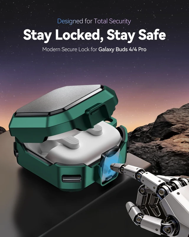 Alt view image 3 of 7 - with Safety Lock for Galaxy Buds 4 & Buds 4 Pro Case, Protective Case for Galaxy Buds 4 Pro 2026, Shockproof Hard Shell Cover with Cleaning Kit & Carabiner for Men Women (Green)