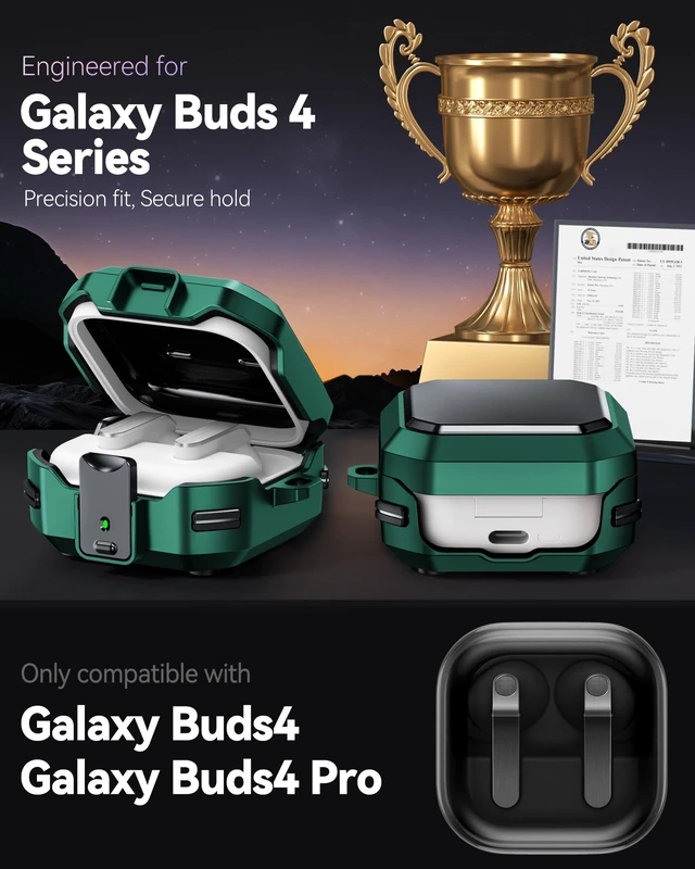 Alt view image 5 of 7 - with Safety Lock for Galaxy Buds 4 & Buds 4 Pro Case, Protective Case for Galaxy Buds 4 Pro 2026, Shockproof Hard Shell Cover with Cleaning Kit & Carabiner for Men Women (Green)