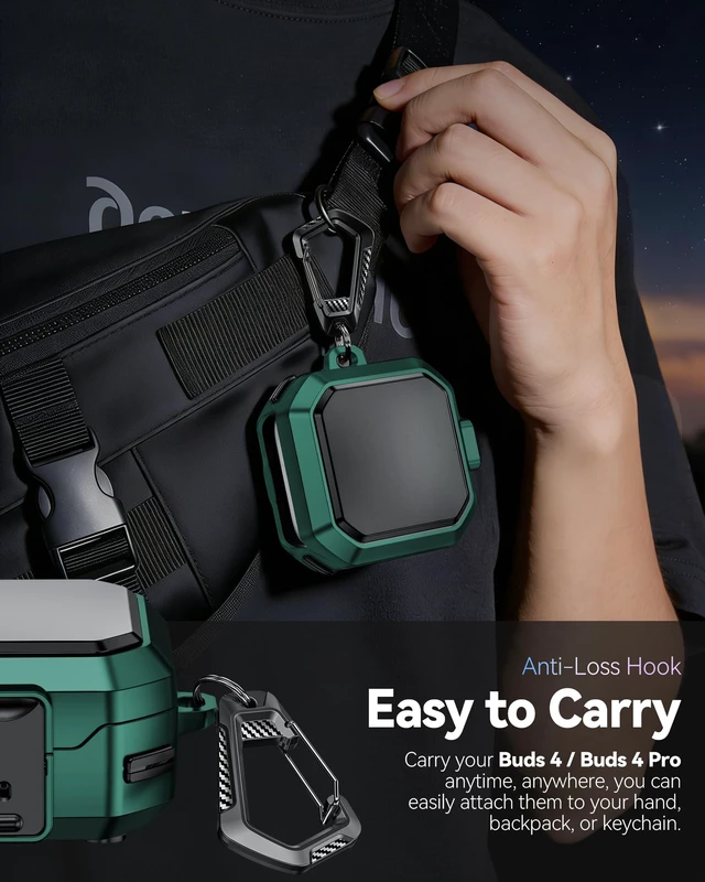 Alt view image 6 of 7 - with Safety Lock for Galaxy Buds 4 & Buds 4 Pro Case, Protective Case for Galaxy Buds 4 Pro 2026, Shockproof Hard Shell Cover with Cleaning Kit & Carabiner for Men Women (Green)
