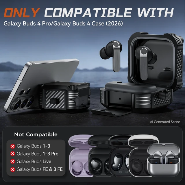 Alt view image 2 of 7 - for Samsung Galaxy Buds 4 Pro Case/Galaxy Buds 4 Case (2026) with Lock Rugged Case Cover with Phone Stand & Cleaning Kit & Carabiner, Compatible with MagSafe, Black