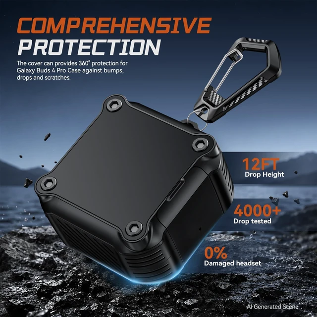 Alt view image 4 of 7 - for Samsung Galaxy Buds 4 Pro Case/Galaxy Buds 4 Case (2026) with Lock Rugged Case Cover with Phone Stand & Cleaning Kit & Carabiner, Compatible with MagSafe, Black