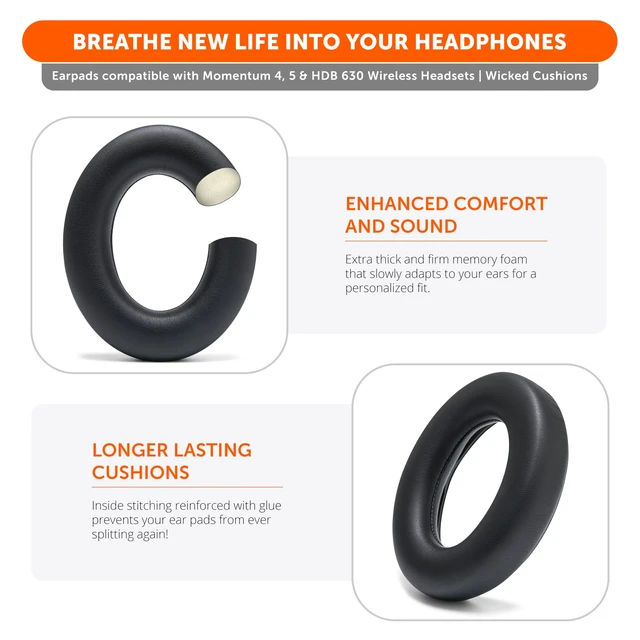 Alt view image 4 of 7 - PadZ Momentum 4 & 5 - Earpads for Sennheiser Momentum 4 & 5 Made by Wicked Cushions Enhanced Comfort & Sound Isolation Black