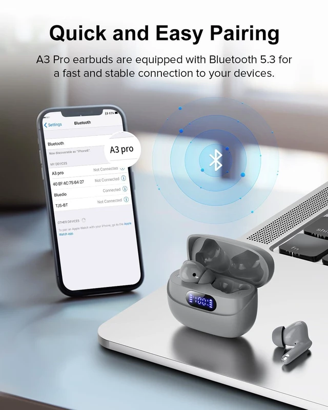 Alt view image 3 of 7 - Wireless Earbuds, 42H Playtime Bluetooth 5.3 Headphones, HiFi Stereo Call Noise Cancelling Earbuds, IPX7 Waterproof Stereo in-Ear Earphones with LED Display for iOS Android (Gray)