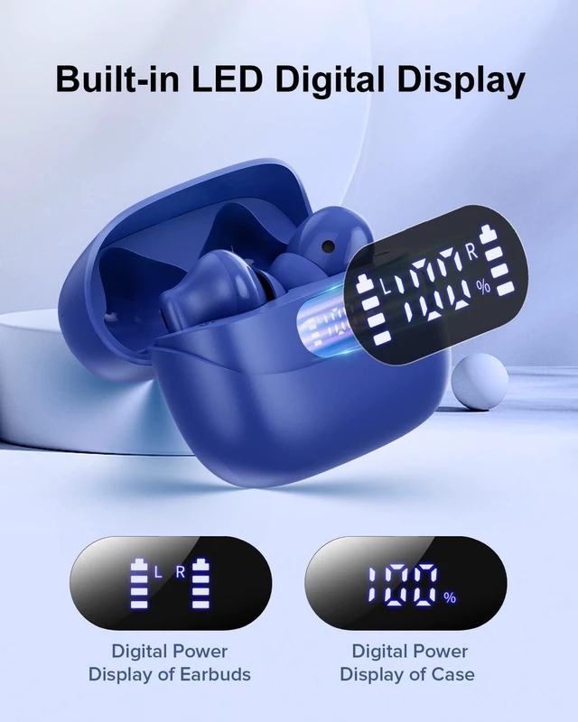 Alt view image 2 of 7 - Wireless Earbuds, 42H Playtime Bluetooth 5.3 Headphones, HiFi Stereo Call Noise Cancelling Earbuds, IPX7 Waterproof Stereo in-Ear Earphones with LED Display for iOS Android (Ocean Blue)
