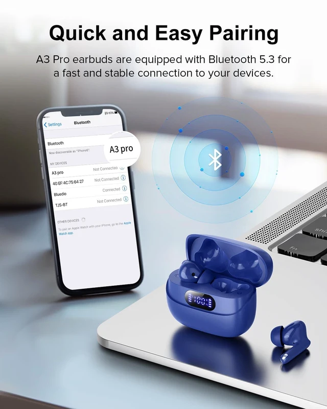 Alt view image 4 of 7 - Wireless Earbuds, 42H Playtime Bluetooth 5.3 Headphones, HiFi Stereo Call Noise Cancelling Earbuds, IPX7 Waterproof Stereo in-Ear Earphones with LED Display for iOS Android (Ocean Blue)