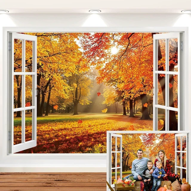 Main image of Fall Window Backdrop Autumn Maple Leaf Forest Natural Scenery Photography Background Fall Autumn Harvest Thankgiving Family Birthday Party Supplies Studio Booth Props 8x6FT