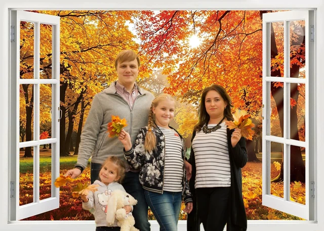 Alt view image 6 of 7 - Fall Window Backdrop Autumn Maple Leaf Forest Natural Scenery Photography Background Fall Autumn Harvest Thankgiving Family Birthday Party Supplies Studio Booth Props 8x6FT