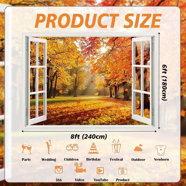Alt view image 7 of 7 - Fall Window Backdrop Autumn Maple Leaf Forest Natural Scenery Photography Background Fall Autumn Harvest Thankgiving Family Birthday Party Supplies Studio Booth Props 8x6FT