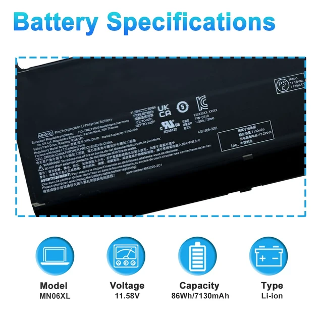 Alt view image 2 of 7 - MN06XL Battery for Hp ZBook Studio 16 G9 G10 G11 Mobile Workstation Series M82230-005 M82220-1C1 TPN-IB0M 11.58V 86Wh 7130mAh