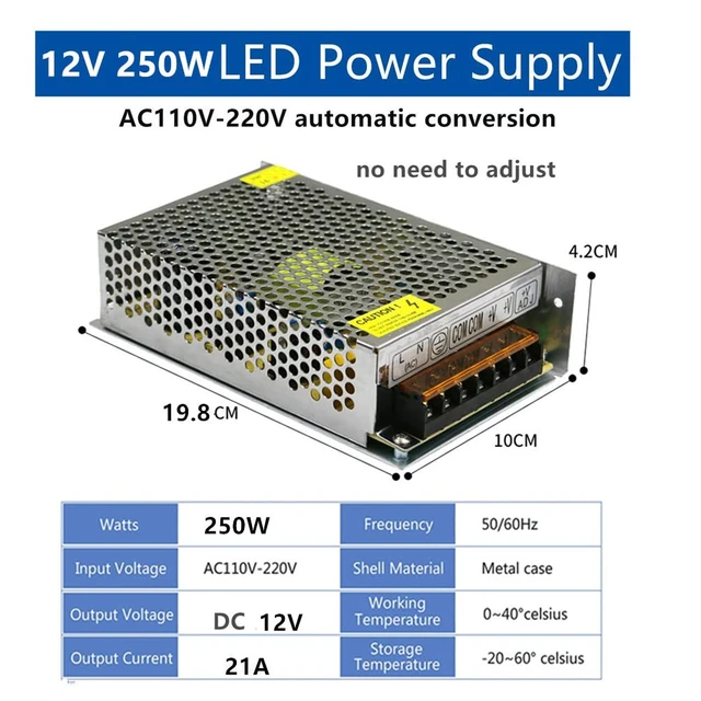 Alt view image 3 of 7 - AC 110V/220V to DC 12V 20A 250W Universal Regulated Switching Power Supply Transformer Adapter LED Driver for CCTV Camera System, Radio,LED Strip,Pixel Lights,Raspberry PI Models