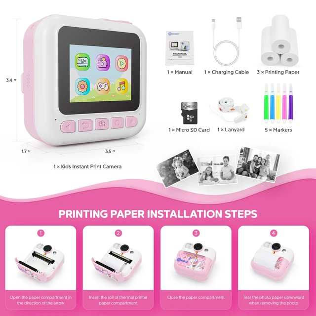 Alt view image 5 of 7 - Kids Camera Instant Print, Birthday Gifts for Girls and Boys, Pink 1080P Video 16X Zoom 32GB Storage Age 3 Years Up Portable Travel Toy
