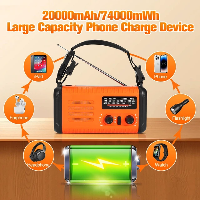 Alt view image 3 of 7 - Hand Crank Emergency Radio, NOAA Weather Radio with AM/FM & Solar Radio, 20000mAh Rechargeable Battery Powered, Cell Phone Charging, 3 Modes Flashlight Reading Lamp, SOS Alarm for Emergency